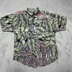 Vintage 90s‎ Anxiety Leopard Jungle Print Rayon Shirt Green Black Small Made USA